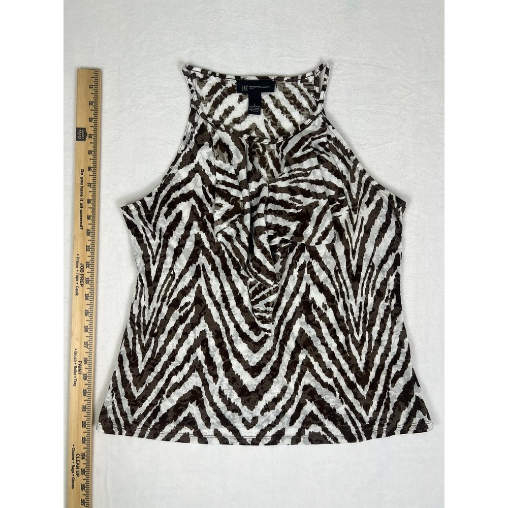INC International Concepts LG Petite Brown White Zebra Print Ruffle Tank Top Y2K